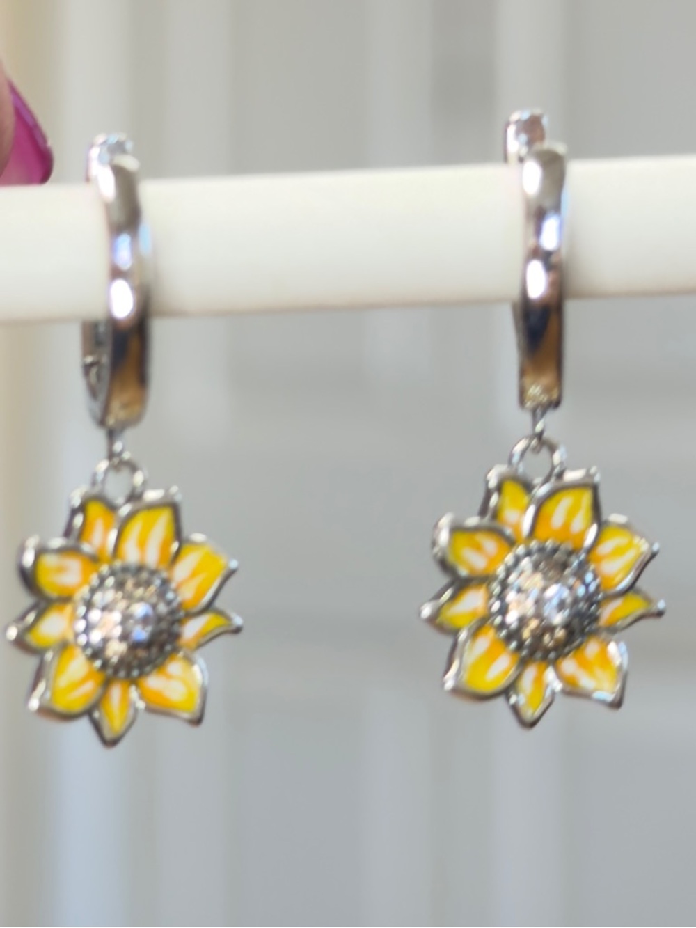 925 Sterling Silver. Sunflower Drop Hoop Earrings - Yellow & Silver